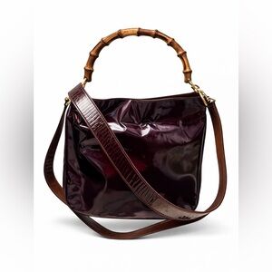 Gucci Bamboo Handle Patent Leather Shoulder Bag Burgundy Red Vintage Italy